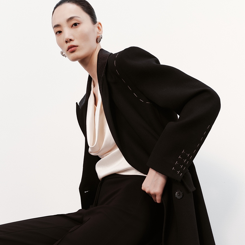 H·GENTEEL荷高新款冬装女拼接领微收腰H型大衣GUE42500557T