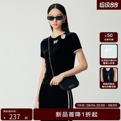 H·GENTEEL荷高新秋装女时髦修身撞色镂空丝绒短袖T