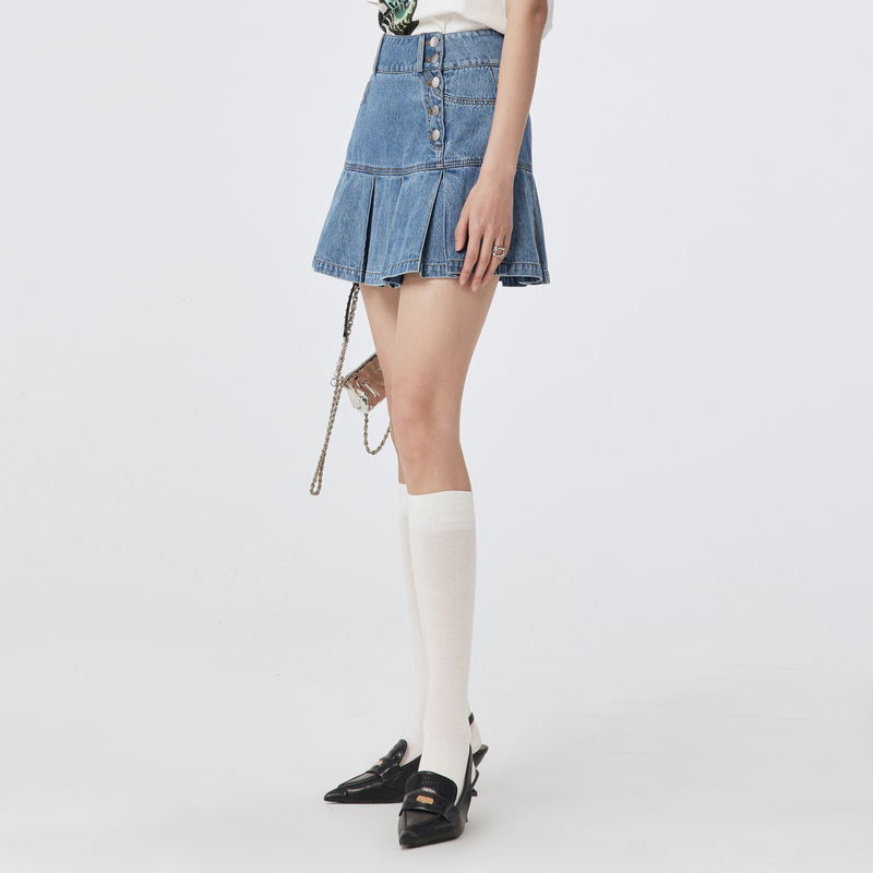 H.GENTEEL荷高新款夏装女弧形腰围小A版压褶裙牛仔裙