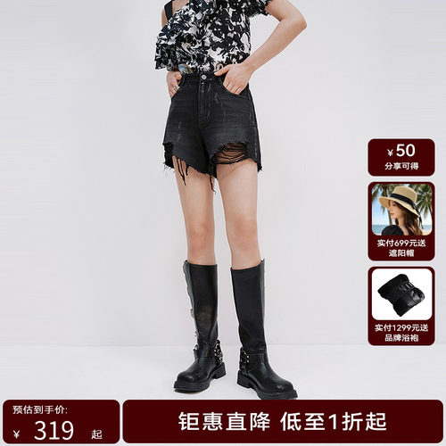 【商场同款】HPLY荷比俪2025夏新款女微宽挺阔含棉牛仔休闲短裤