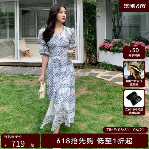 HPLY荷比俪22夏新款女复古廓形宽腰封泡泡袖连衣裙HMC28750261-1