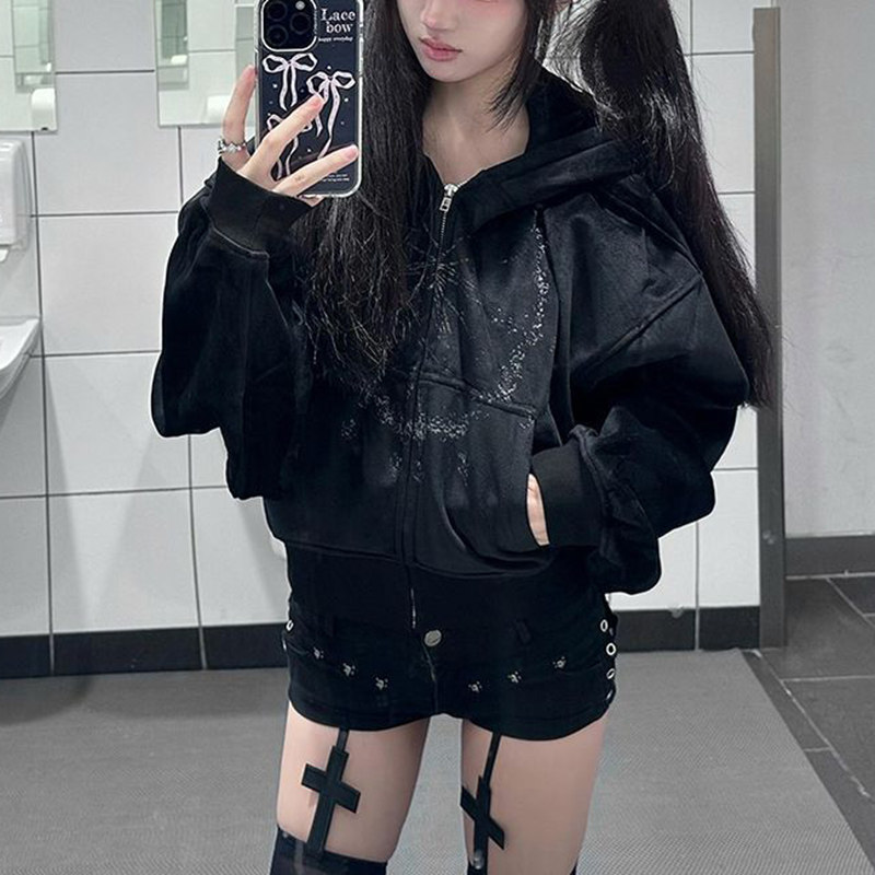 亚文化辣妹慵懒风加厚连帽卫衣女秋冬季宽松显瘦短款开衫外套上衣