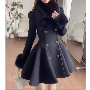 赫本千金风保暖掐腰毛呢外套女秋冬季名媛精致毛毛拼接呢子大衣潮