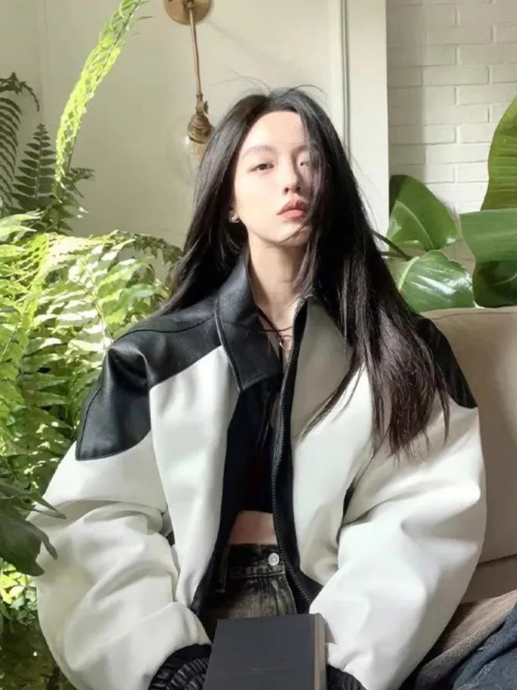 美式复古辣妹黑白皮衣机车外套女