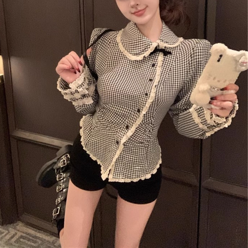 韩版蕾丝花边格纹娃娃领长袖衬衫