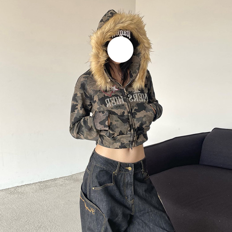 美式可拆卸迷彩毛领拉链连帽卫衣