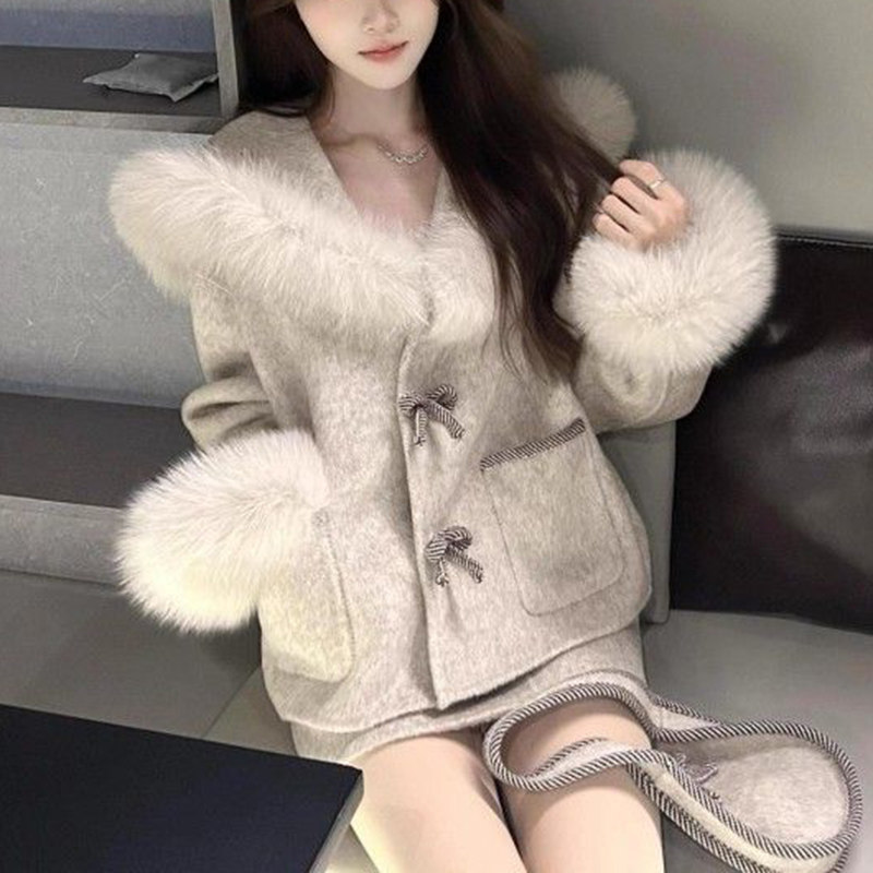 富家千金小香风名媛套装女秋冬季短款毛呢外套高腰半身短裙两件套