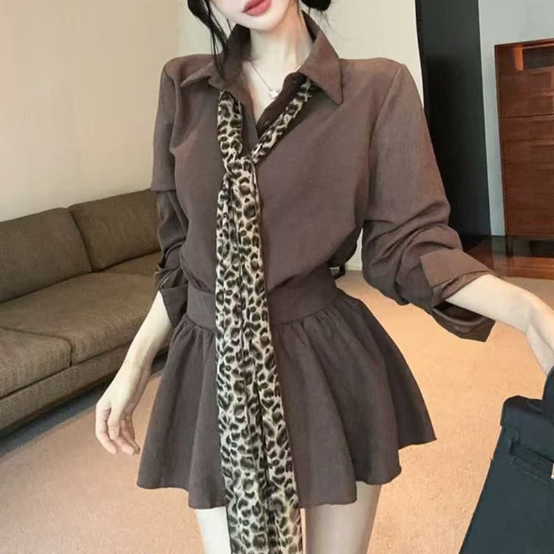 法式学院风豹纹领带衬衫连衣裙女