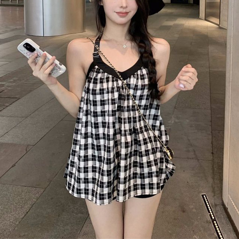 甜美性感露背格子挂脖吊带背心女