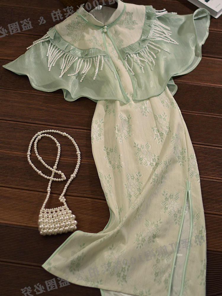 中国风法式套装女夏季气质高级感披风古法复古改良旗袍裙子两件套