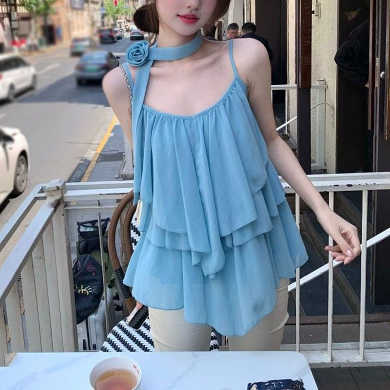 海边度假风辣妹不规则蓝色吊带背心女夏季气质设计感宽松显瘦上衣