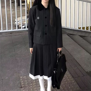 学院风套装女春秋季条纹短款西装外套高腰显瘦百褶半身裙子两件套