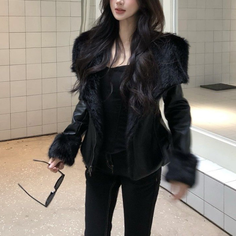 名媛韩版辣妹夹克皮衣毛毛外套女