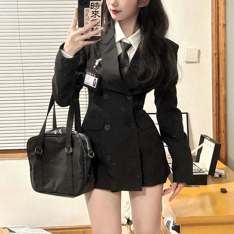 韩系学院风套装女春秋季中长款西装外套修身衬衣包臀半身裙三件套
