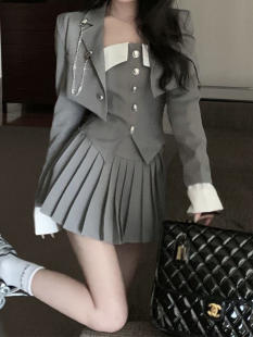 学院风jk制服夏季套装女西装外套性感抹胸背心高腰百褶短裙三件套