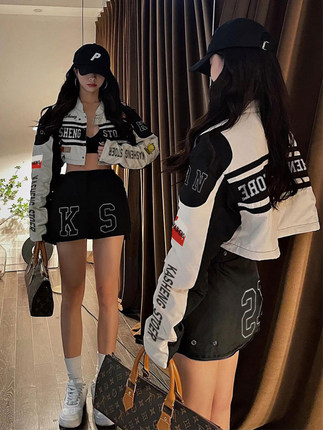国潮可拆卸两穿美式机车服外套半身裙子赛车服辣妹套装春季新款女