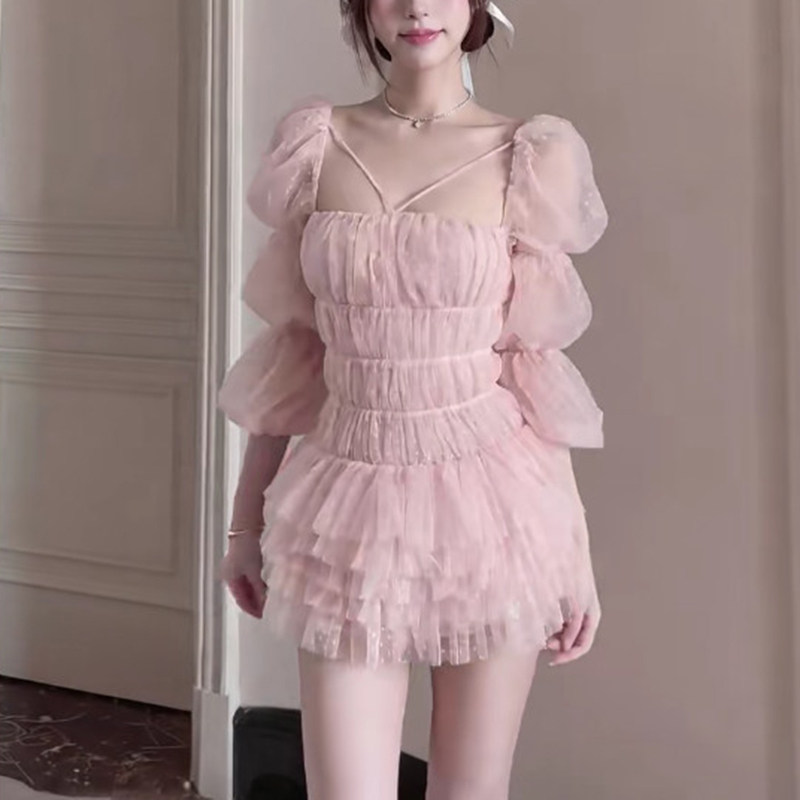 法式甜美名媛网纱泡泡袖连衣裙女