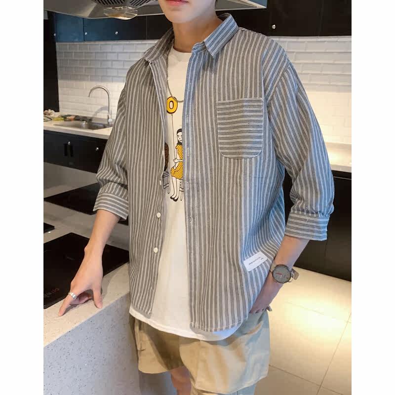 奇迹舞步短袖衬衫男夏季港风条纹韩版潮流帅气中袖衬衣男士宽松休|ruв категории Мужская одежда, рубашка - от Buy2taobao.com для оказания профессиональной услуги покупки агента Taobao