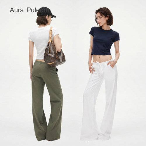 Aura Puleom亲肤纯棉低腰系带美式纯色直筒休闲裤女显瘦长裤