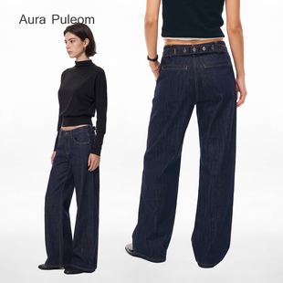 Aura Puleom复古中腰丹宁色原牛直筒宽松显瘦牛仔裤女长裤休闲裤