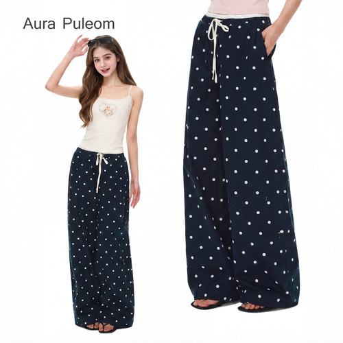 Aura Puleom美式复古中低腰波点印花阔腿裤女休闲长裤夏季新款