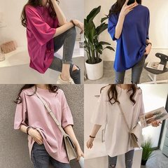衣服女2019新款中長款大版寬鬆純色短袖t恤女上衣