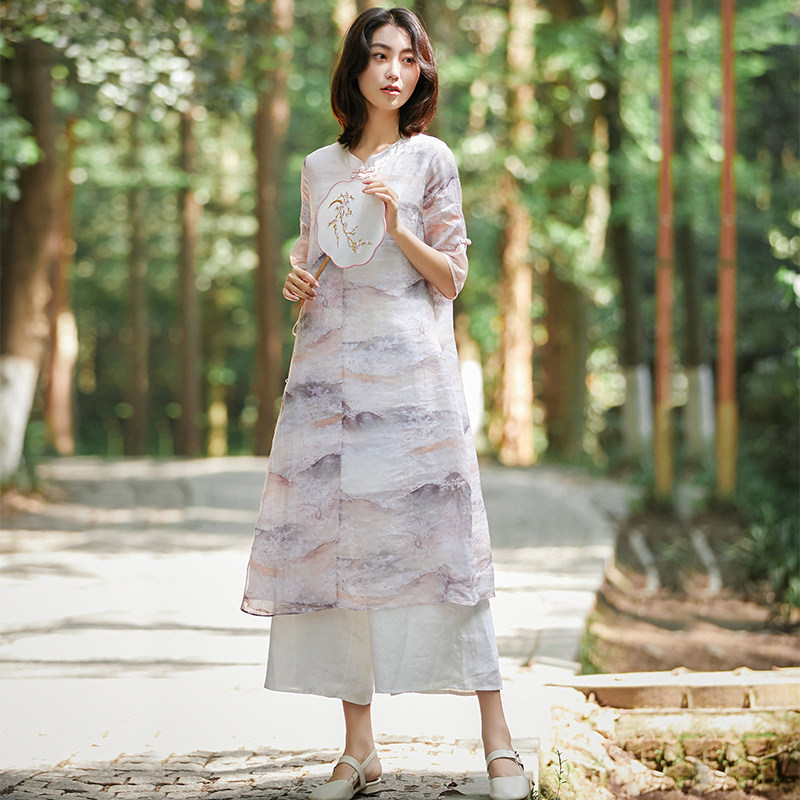 青知了文艺复古高端棉麻女装2022新款亚麻宽松显瘦纯苎麻连衣裙