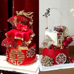 中式红色订婚结婚蛋糕装饰插牌凤凰于飞婚礼璎珞婚礼派对喜庆摆件