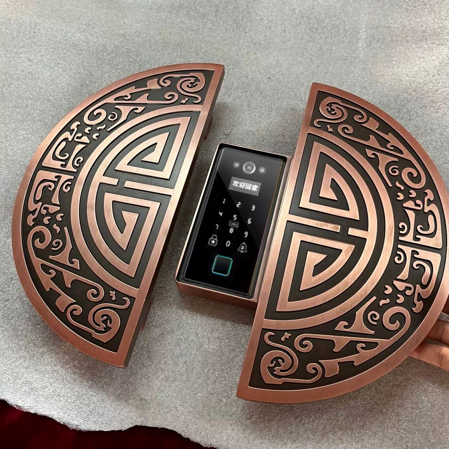 智能锁别墅双开门大门拉手指纹锁中式对开木门滑盖密码锁把手半圆