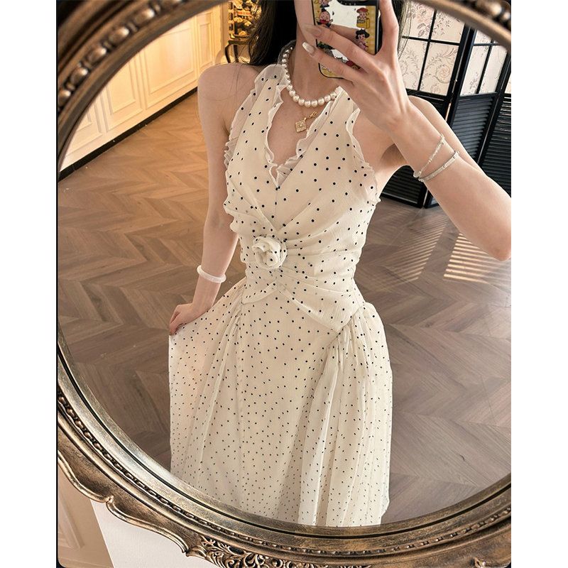 【冷艳繁花】法式高级感气质波点扭结不规则设计中长款连衣裙女夏