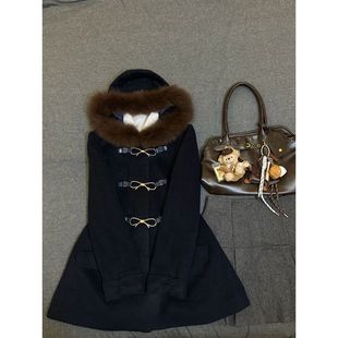 复古毛语 古早感miu系大衣冬季新款千金风学院蝴蝶结毛绒拼接外套