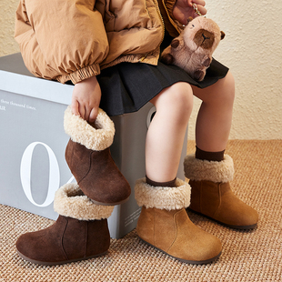 儿童真皮翻毛勃肯短靴2025冬季款男女童美拉德保暖皮靴宝宝雪地靴