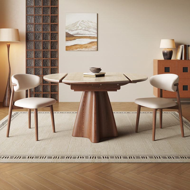 洞石岩板伸缩餐桌可变圆桌实木