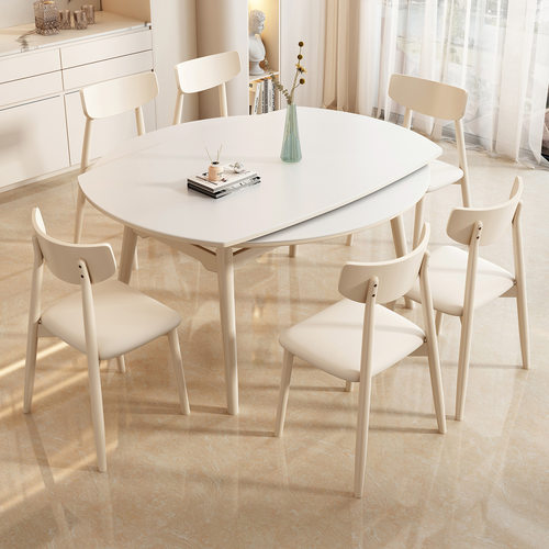 奶油风可伸缩方圆两用岩板餐桌椅