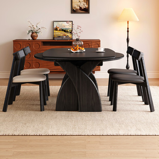 黑色复古风实木岩板伸缩餐桌可变圆桌家用小户型折叠美式中古饭桌