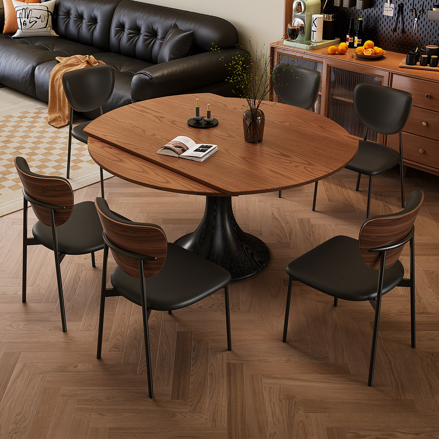 法式复古风白蜡木纹实木伸缩餐桌