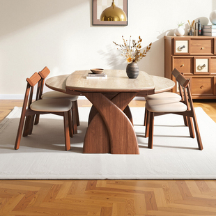 2025新款 洞石岩板餐桌胡桃木色中古风实木伸缩折叠餐桌椅可变圆桌