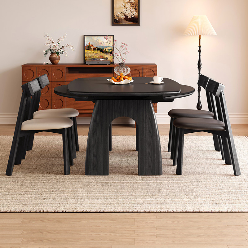 黑色复古实木岩板伸缩餐桌可变圆桌美式家用小户型折叠两用饭桌椅,住宅家具,岩板餐桌,淘宝优惠券,粉丝福利购,淘宝优惠卷