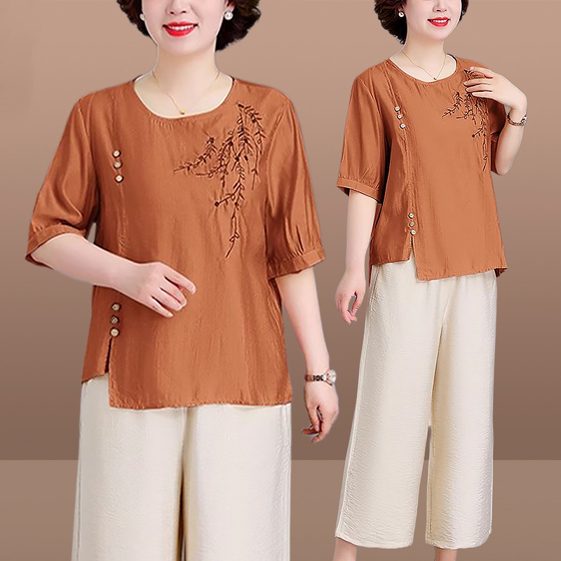 母亲节妈妈夏装时尚套装T桖洋气质中老年女装上衣服