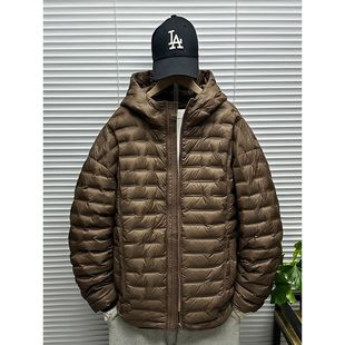 美拉德排骨连帽羽绒服男士冬季装大码青少年轻薄保暖压花羽绒外套