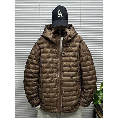 美拉德排骨连帽羽绒服男士冬季装大码青少年轻薄保暖压花羽绒外套