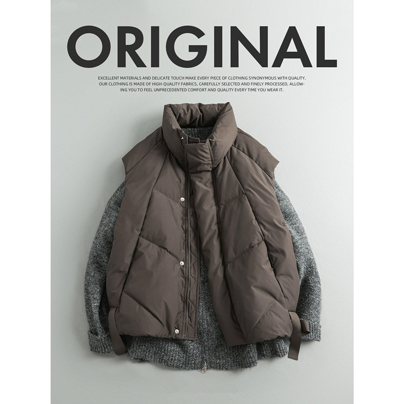 冬季日系休闲 潮牌复古简约设计感分割宽松立领保暖羽绒马甲 男