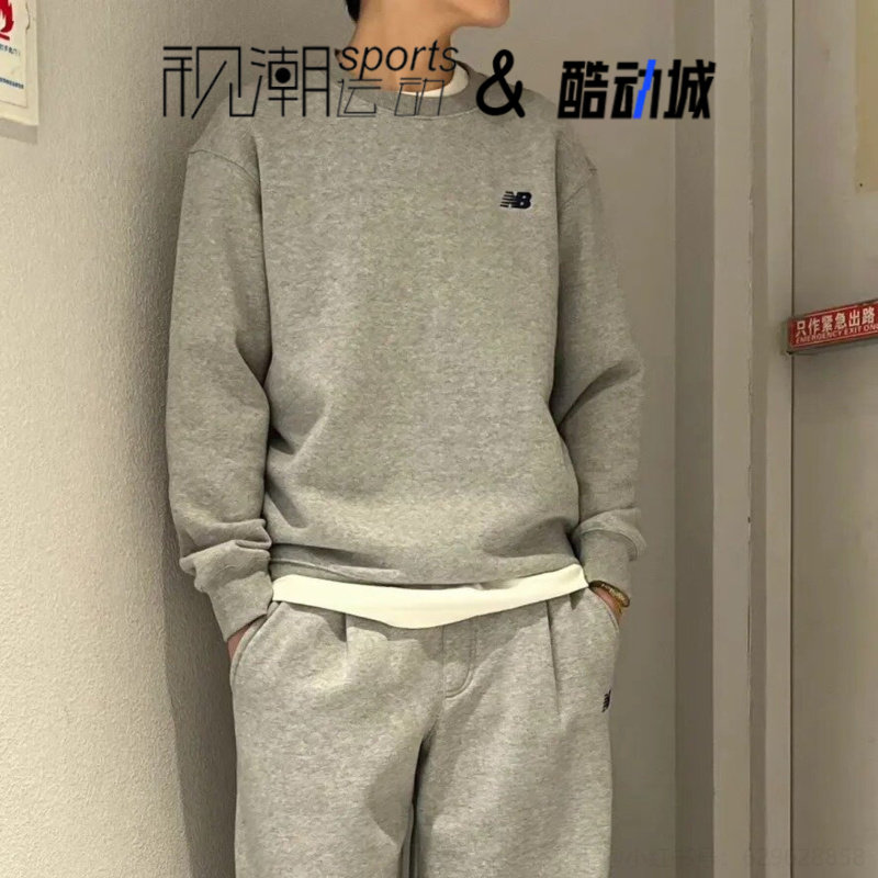 NB灰色圆领加绒保暖运动休闲卫衣