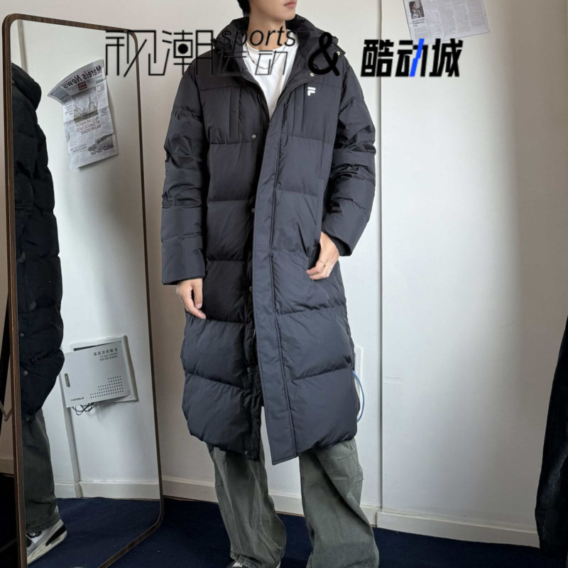 斐乐黑色羽绒服连帽百搭宽松长款