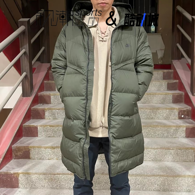 耐克军绿男羽绒服中长款连帽保暖