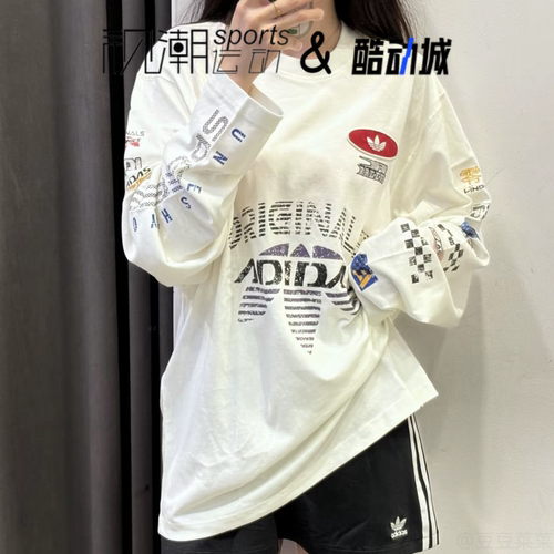 阿迪达斯白色长袖T恤赛车风运动