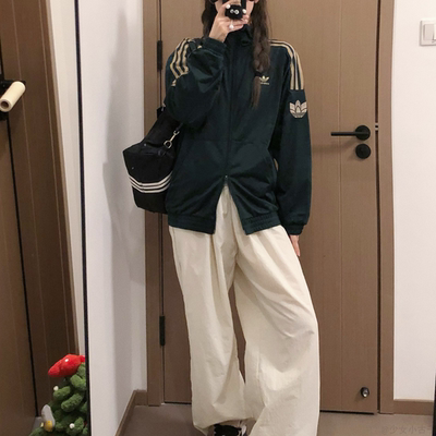 Adidas暗绿经典复古立领夹克
