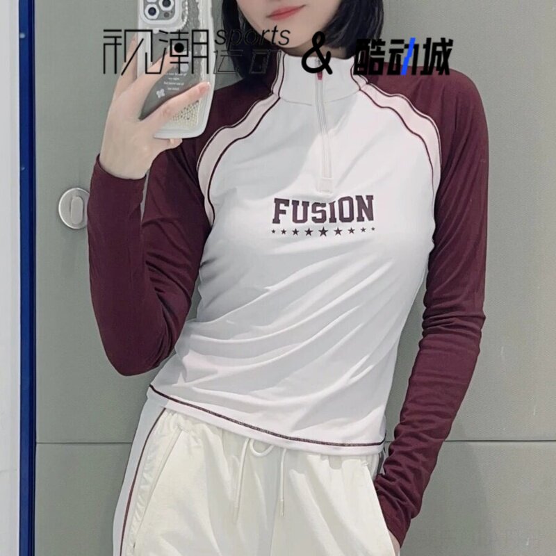 斐乐UNIFORM酒红白修身长袖T恤