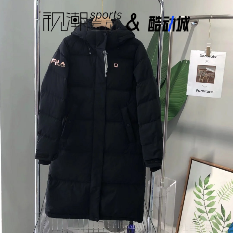 斐乐深黑女羽绒服中长款连帽保暖