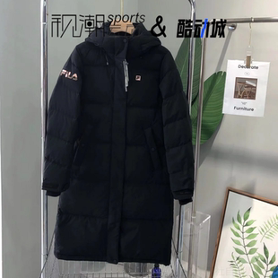 FILA斐乐 深黑女子连帽防风保暖加厚中长款羽绒服A11W141916FBK